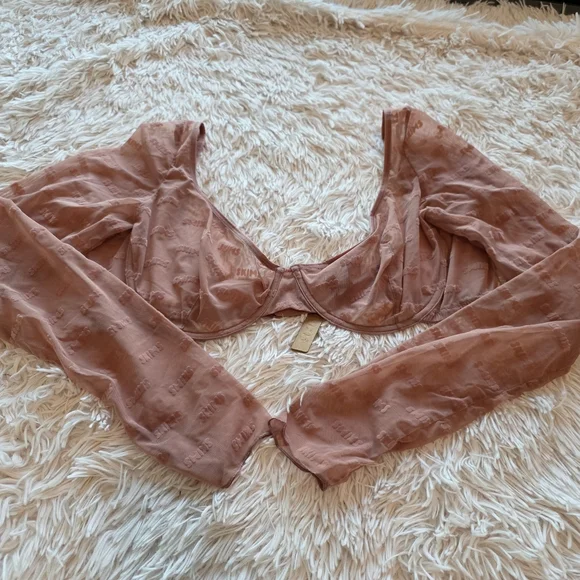 SKIMS After Hours Bra Top Long Sleeve Flocked Logo Mesh  ROSE CLAY 3X - Picture 2 of 13